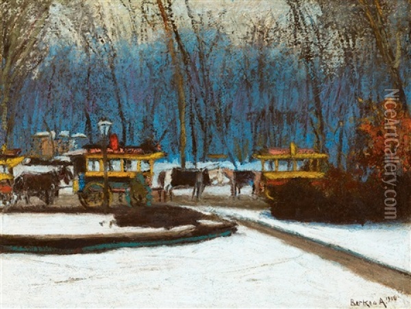 Horse Buses In Varosliget Oil Painting - Antal Berkes