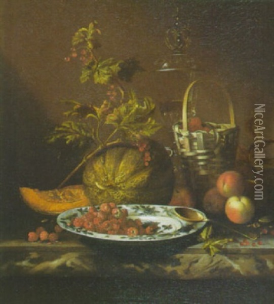Nature Morte Aux Framboises, Fruits Divers, Verrerie Et Ceramique Oil Painting - Barend van der Meer
