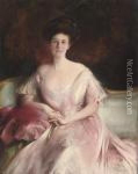 Portrait Of Miss Baird, Seated Half-length, In A Pink Dress Oil Painting - Philip Alexius De Laszlo