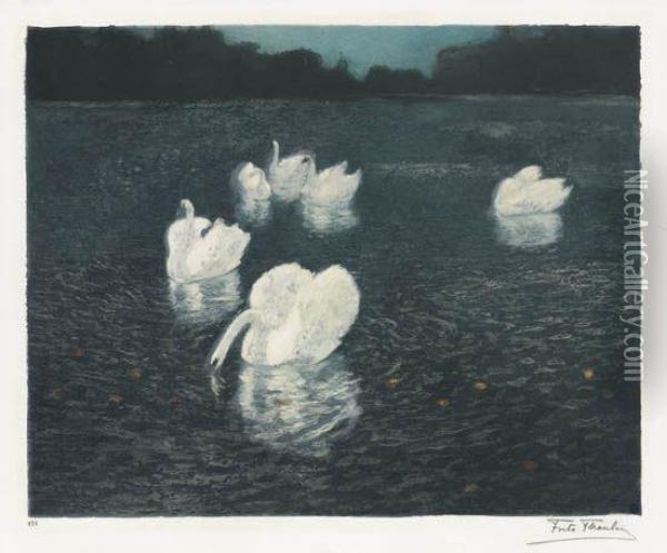 Les Cygnes Oil Painting - Fritz Thaulow