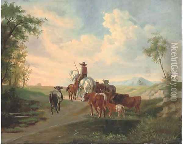 A herder and his cattle, in an extensive landscape Oil Painting - Continental School