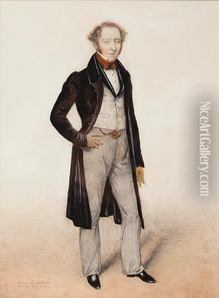 Portrait Of A Gentleman, Mr Davis, Standing Full Length In Long Black Coat Oil Painting - Albin Roberts Burt