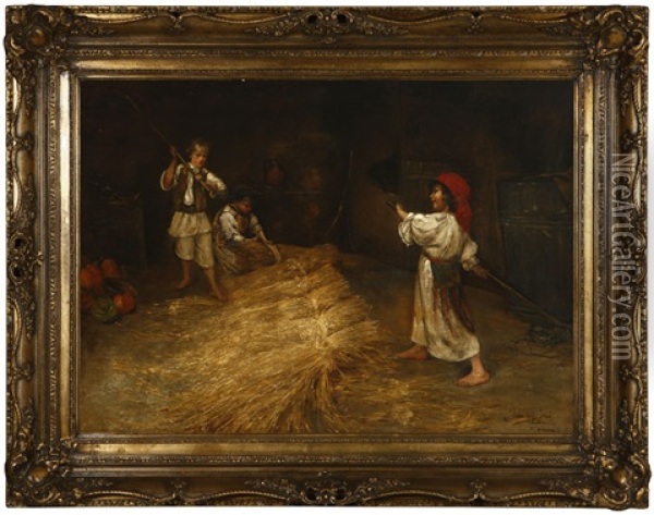 Children Bundling Wheat In A Barn Interior Oil Painting - Jenoe (Eugen) Kemendy