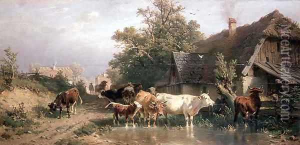 Cattle watering at a pond Oil Painting - Friedrich Johann Voltz