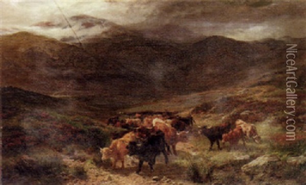Driving A Herd Of Highland Cattle Oil Painting - Henry Garland
