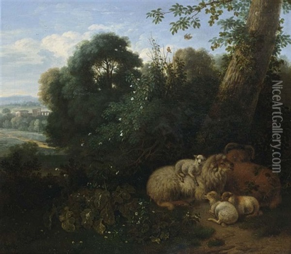 A Flock Of Sheep Under A Tree With A Classical Landscape Beyond Oil Painting - Jan Vermeer van Haarlem III