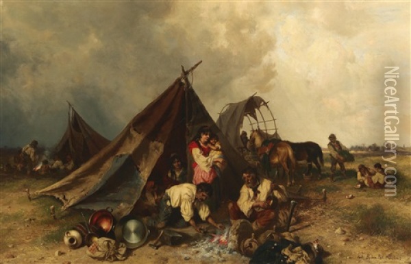 Hungarian Shepherds And Gypsies Resting In The Evening Oil Painting - Pal (Paul) Boehm