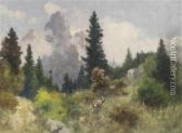 Red Deer In The Clearing Oil Painting - Antal Neogrady