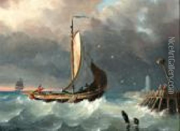 Vissersboot Op Woelige Zee Voor De Kust Oil Painting - Joseph Van Dieghem