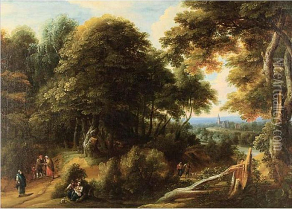 Extensive Landscape With Travelers And A Town In A Distance Oil Painting - Jacques D Arthois