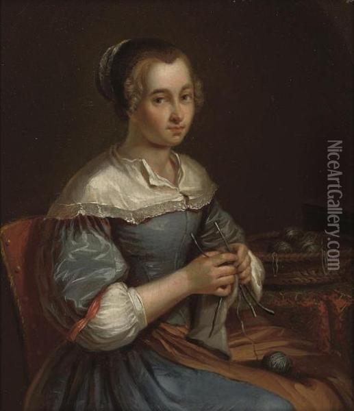Portrait Of A Young Woman, Half-length, Seated In A Blue Dress, Sewing At A Table Oil Painting - Jacob Van Toorenvliet