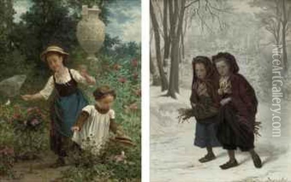 The Butterfly Collectors; And Collecting Faggots In The Snow Oil Painting - Andre Henri Dargelas