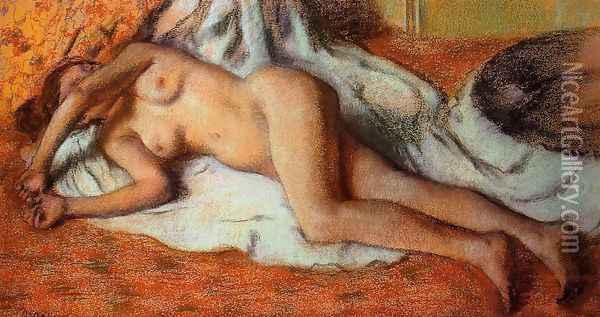 After the Bath or, Reclining Nude, c.1885 Oil Painting - Edgar Degas