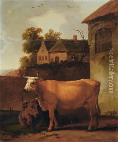 Kuhe Vor Gehoft Oil Painting - Abraham Van Calraet