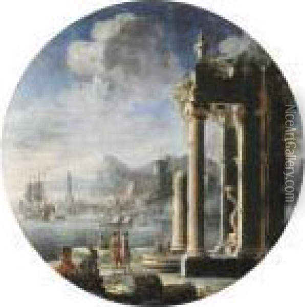 A Capriccio Of Architectural 
Ruins With Figures By A Fountain, A Dutch Frigate And Other Shipping In A
 Bay Beyond Oil Painting - Gennaro Greco, Il Mascacotta