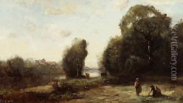 Field by a River Oil Painting - Jean-Baptiste-Camille Corot