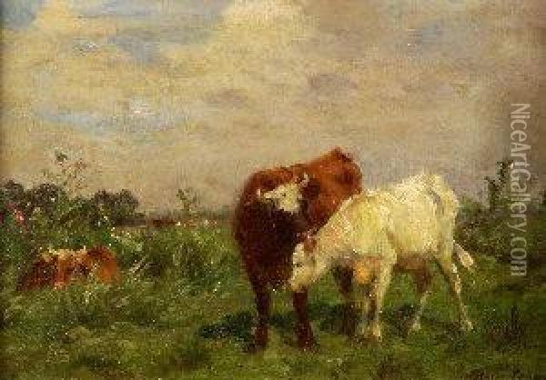 The Bull And The Heifer, Signed Lower Right Oil Painting - Aymar Pezant