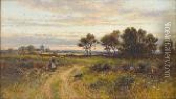 Sheep And Shepherd In A Landscape; Figures On A Country Lane Oil Painting - Alfred Augustus Glendening