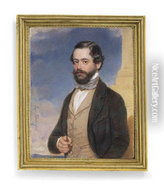 A Young Gentleman, In Mahogany-brown Coat With Green Weave, Buff Waistcoat From Which Hangs A Gold Chain, Patterned Brown Cravat, Holding A Cigar In His Right Hand; Column And Sky Background Oil Painting - Emanuel Thomas Peter