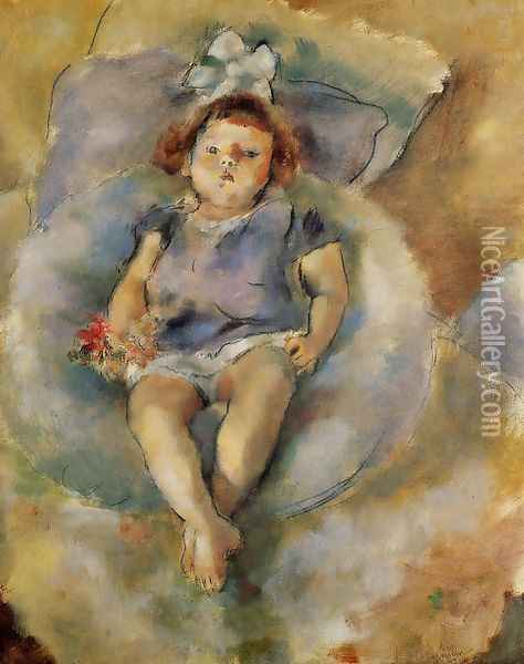 Little Girl with a White Ribbon Oil Painting - Jules Pascin