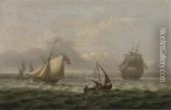 A Royal Naval Cutter Running Ahead Of A Frigate In A Stiff Breezeoff Sheerness Oil Painting - Thomas Luny