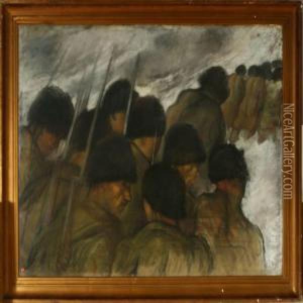 Soldiers On March,winter Oil Painting - Edvard Anders Saltoft