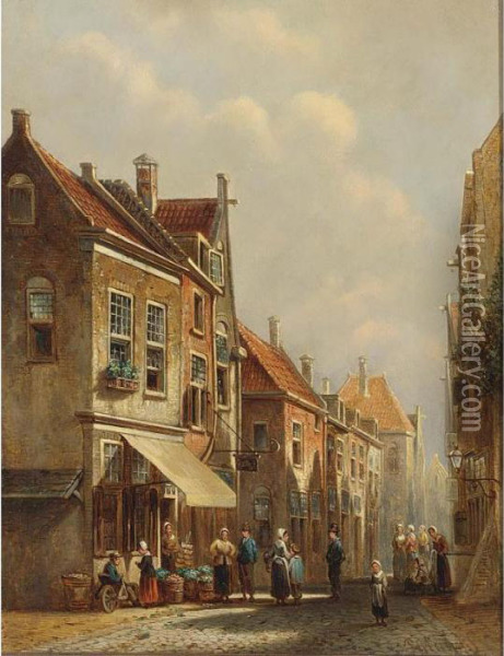 Villagers In The Streets Of A Dutch Town Oil Painting - Pieter Gerard Vertin