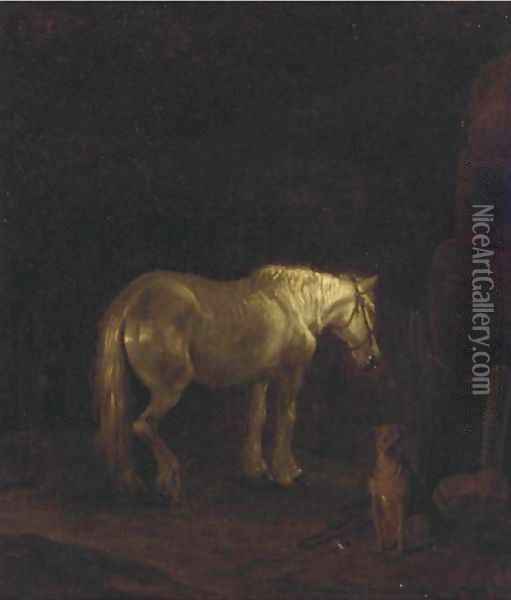 A horse and dog in a dark landscape Oil Painting - English School