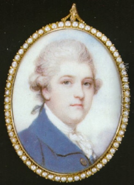 A Gentleman, In Blue Coat With Gold Buttons And Frilled White Cravat Oil Painting - Richard Cosway