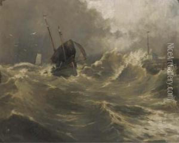 Sailing Vessels On A Rough Sea By A Pier Oil Painting - Gaston Haustrate