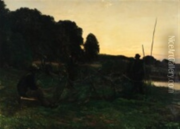 Landscape With Fishermen In The Sunset Oil Painting - Knud Erik Larsen
