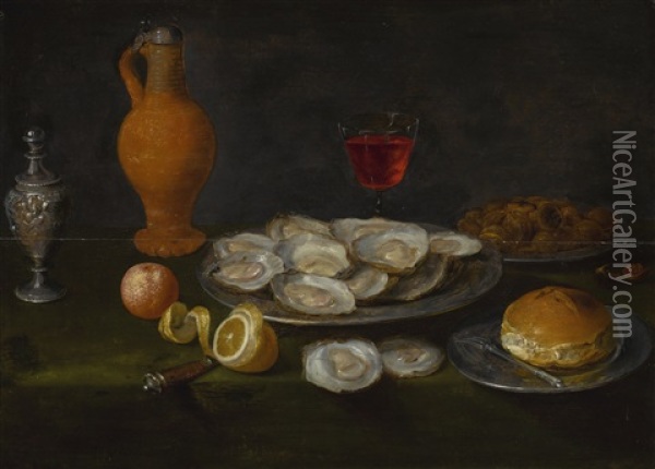 A Still Life With Oysters, Chestnuts, All On Pewter Plates, Together With A Peeled Lemon, An Orange And Other Items On A Table Oil Painting - Jacob Foppens van Es (Essen)