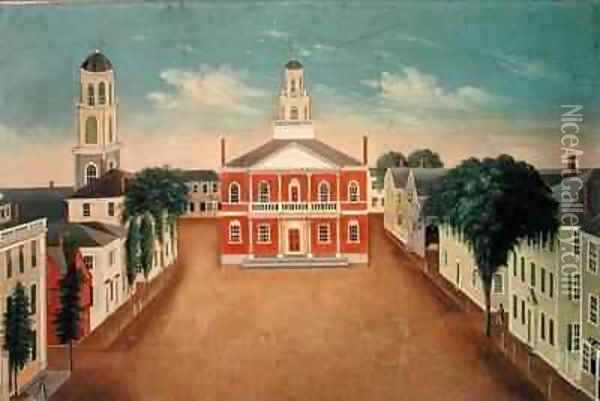 Fireboard depicting a View of Court House Square Salem Oil Painting - George Washington Felt