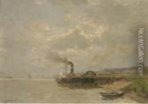 A Paddle-steamer Along A Jetty Oil Painting - Louis Apol