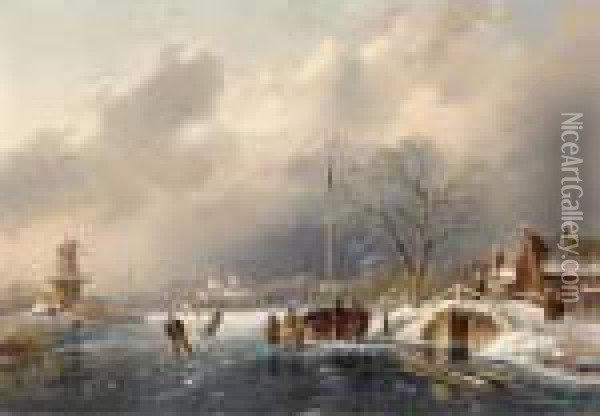 Skaters On A Frozen River Oil Painting - Charles Henri Leickert