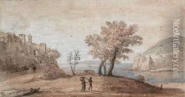A Capriccio Of Two Travellers In
 A Coastallandscape Beneath A Fortified Village, An Island Beyond Oil Painting - (circle of) Wittel, Gaspar van (Vanvitelli)
