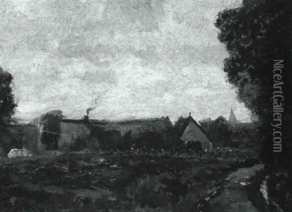 Landscape With Cottage And Distant Cathedral Oil Painting - Henry Ward Ranger