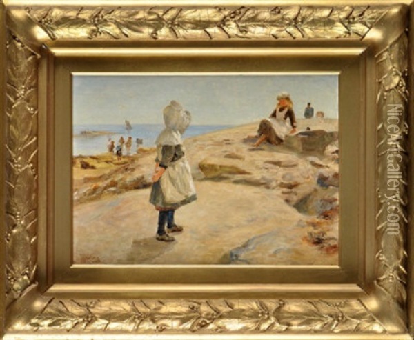 Fishergirls At Cullercoats Oil Painting - Robert Jobling