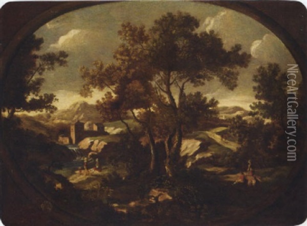 A Landscape With Travellers At Rest By A River, Other Figures On A Path, A Walled Town Beyond Oil Painting - Giovanni Battista Cimaroli