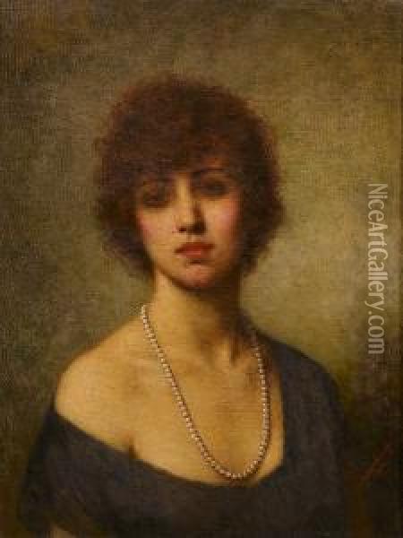 Portrait Of A Young Lady Wearing Pearls Oil Painting - Alexei Alexeivich Harlamoff