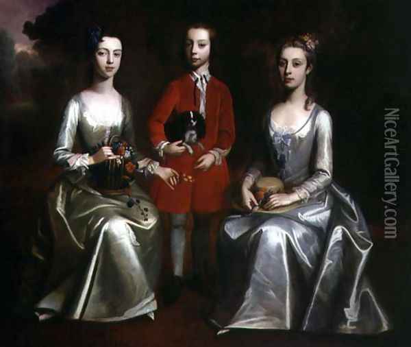 Family Portrait of Three Children, c.1720 Oil Painting - Enoch Seeman