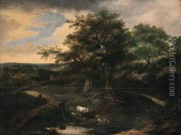 Paesaggio Boschivo Con Un Gregge Presso Un Fiume Oil Painting - Jacob Salomonsz. Ruysdael