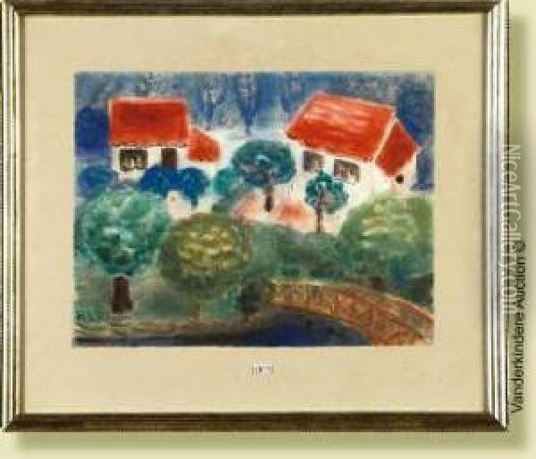 Paysage Aux Toits Rouges Et Au Petit Pont Oil Painting - Ferdinand Schirren