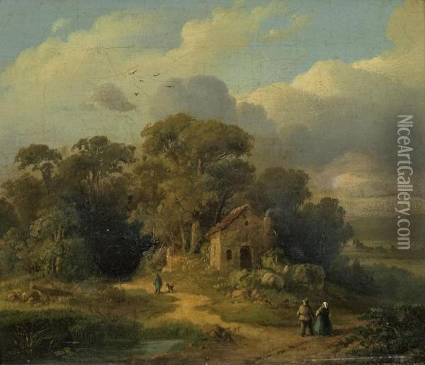 Waldlandschaft Mitbauernkate An Einem See Oil Painting - Heinrich Hoffmann