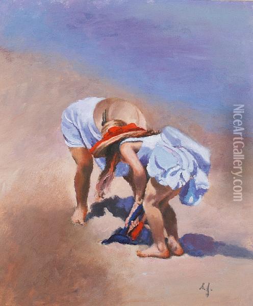 Two Girls On A Beach Oil Painting - Sharyn Jennings