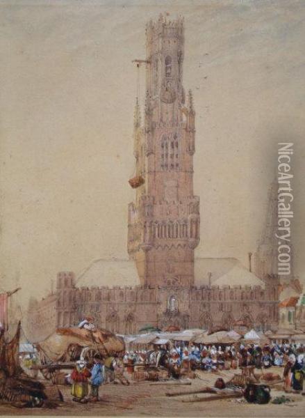 Figures In A Low Countries Market Place Before A Gothic Tower During Construction. Oil Painting - Richard Parkes Bonington