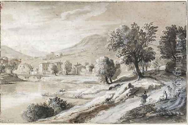 An extensive river landscape with travellers, mountains in the distance Oil Painting - Caspar Andriaans Van Wittel