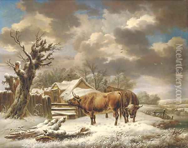 Livestock in a winter landscape Oil Painting - Charles Towne