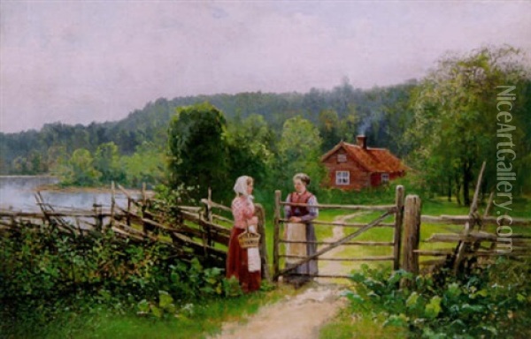 Samtal Vid Grinden - Sommarlandskap Med Tva Kvinnor Oil Painting - Johan Severin Nilsson