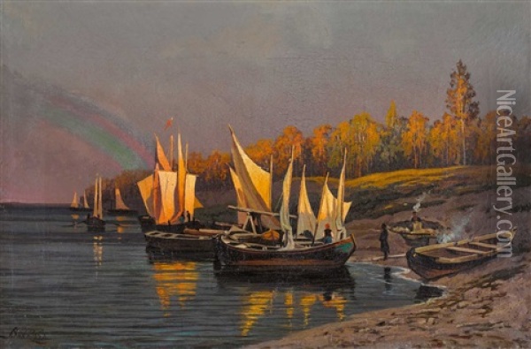 Segelboote An Abendlicher Uferlandschaft Oil Painting - Efim Efimovich Volkov